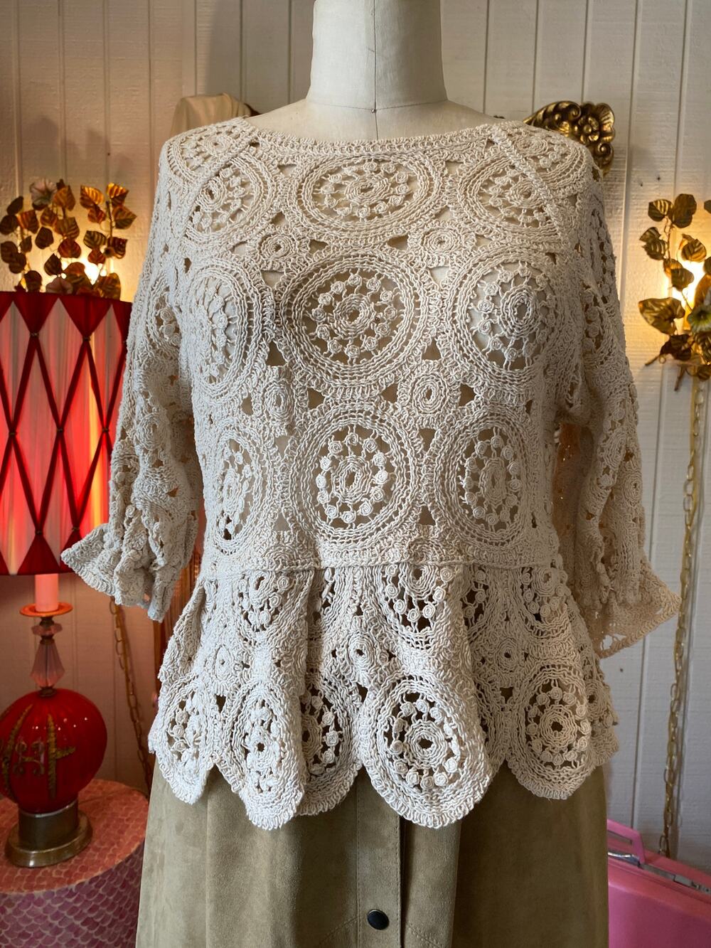 vintage crochet peplum top, cream knit blouse, hippie boho, scalloped, lace, med